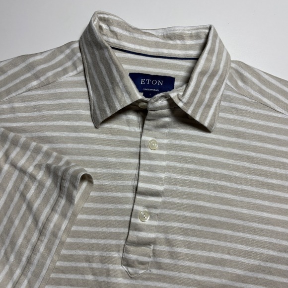 Eton Other - Eton Contemporary Linen Blend Pique Polo Shirt Mens L Tan White‎ Striped